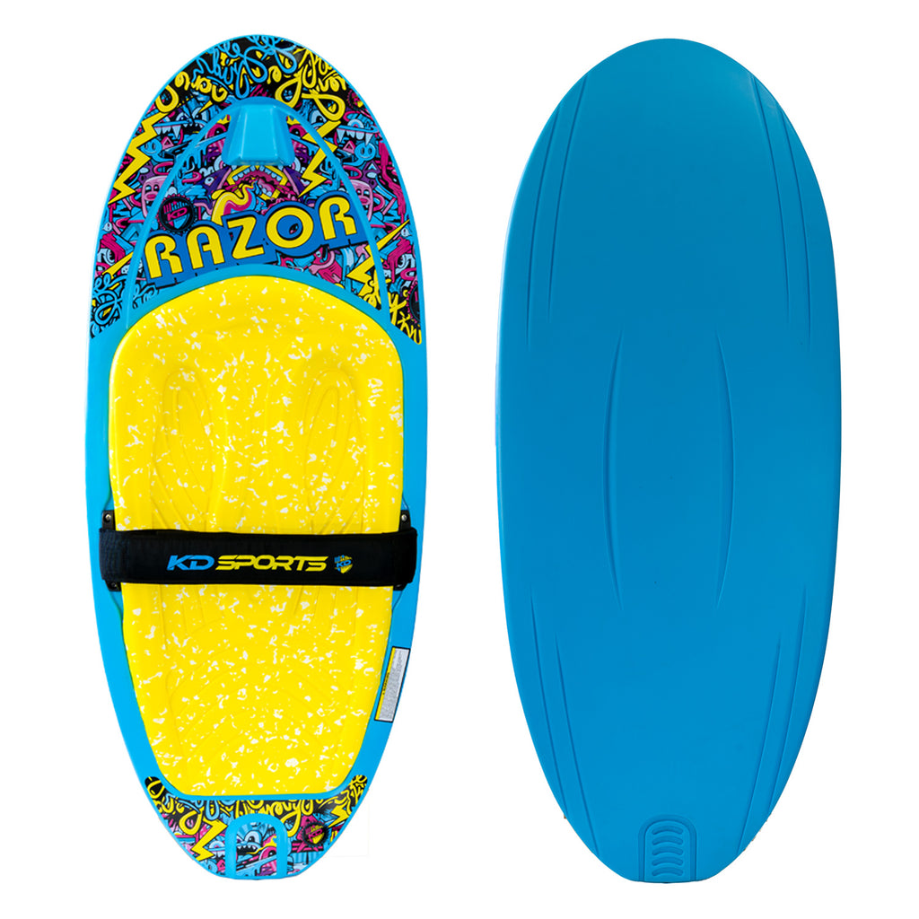 Kneeboard with colorful top and blue bottom, featuring 'Razor' and 'KD Sports' branding.